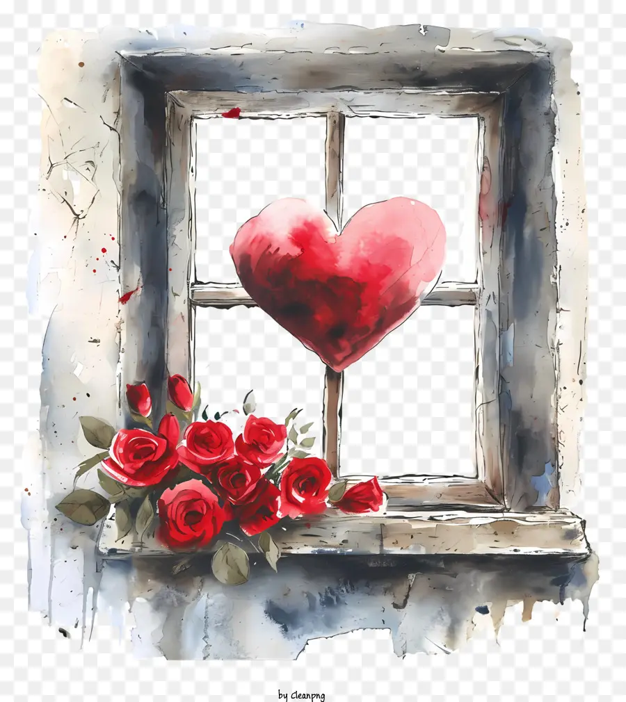 Valentinstagsfenster Malerei Ansicht Fensterfenster - Fensteransicht mit Sitz, Herz und Rosen