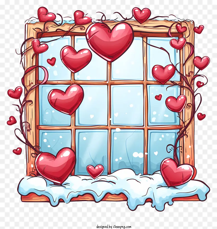 Valentine Fenster Romantische Fensterszene Herzförmiges Fenster schneebedeckter Fenster Winterlandschaft - Romantische Fensterszene mit Schnee, Herzrahmen