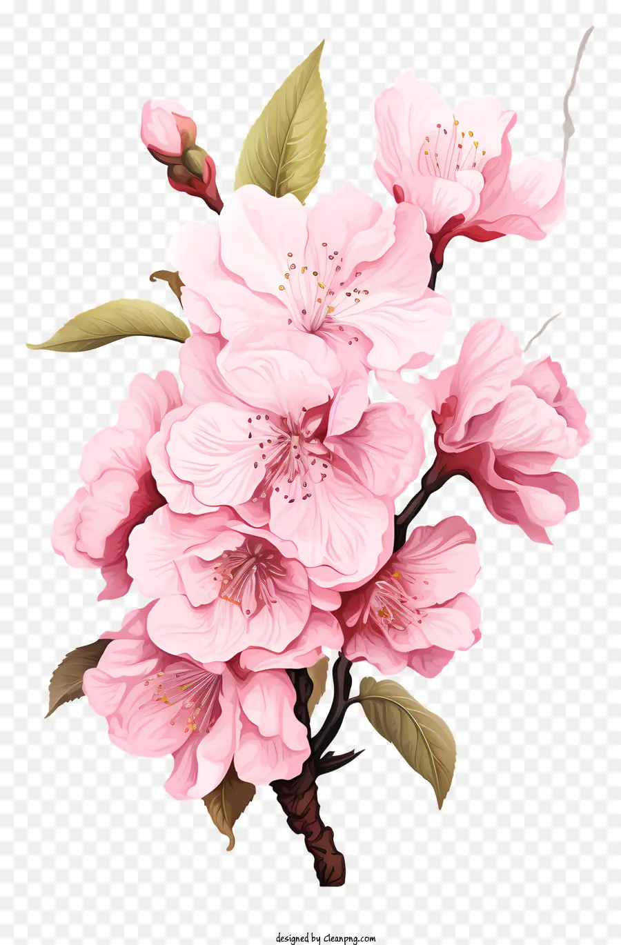 realistic style cherry branch blossom pink flowers bouquet stem leaves