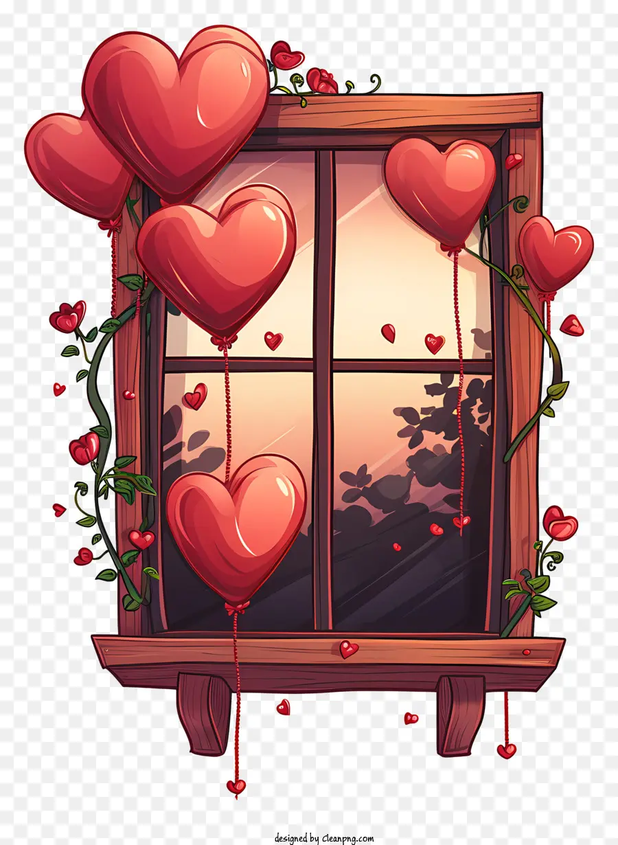 Valentinstag - Romantisches Fenster mit herzförmigen Luftballons geschmückt