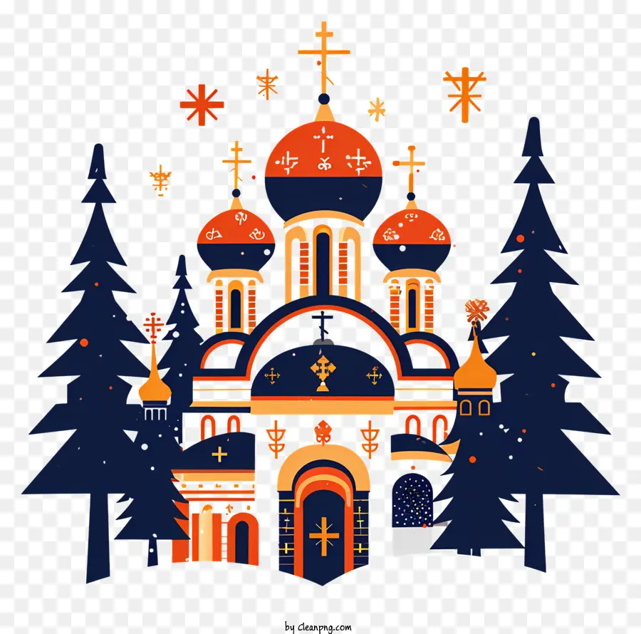 orthodoxes Neujahrstiefbäume im Hintergrund Blau und Orange Farbschema großes Kreuz im mittleren tiefen Schatten des blauen Himmels - Blaue und Orange Kirche mit Sternen, Bäumen