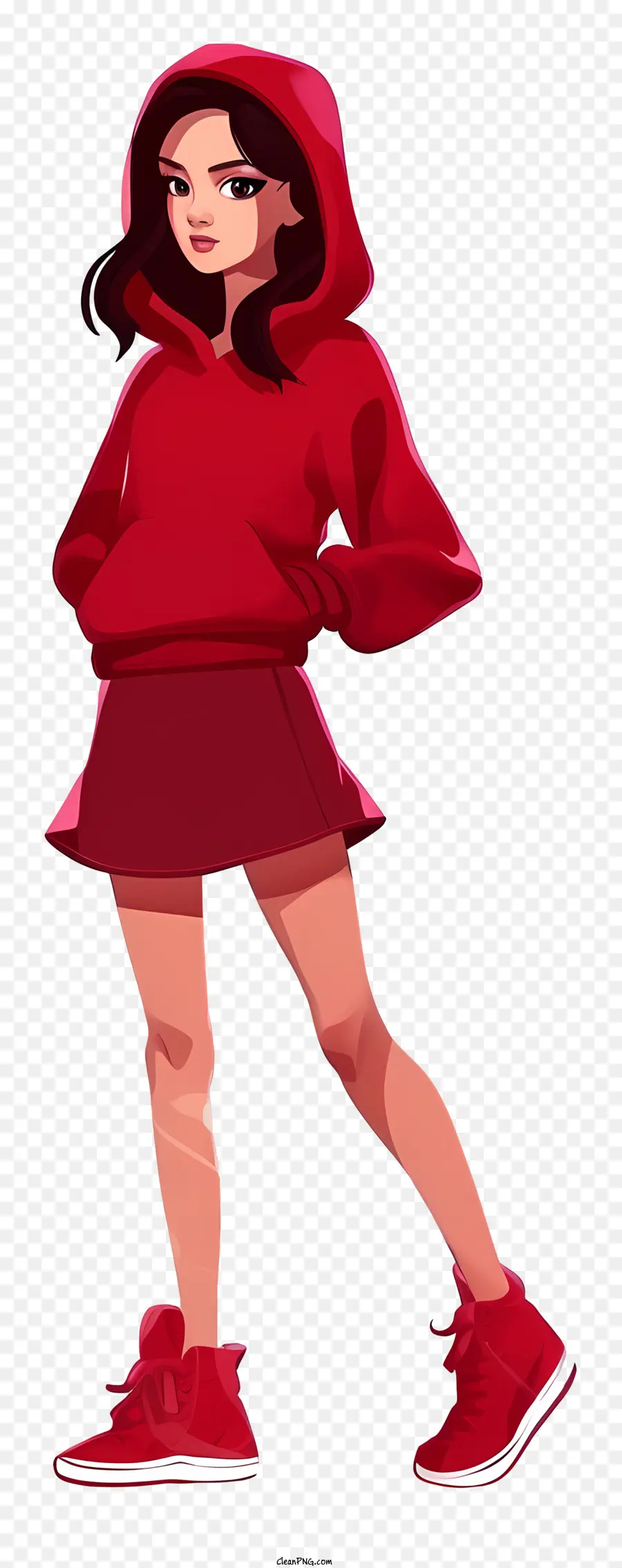 Cartoon tragen rote Tag Frau Red Hoodie Red Sneakers Arme verschränkt - Frau, die roten Hoodie und Turnschuhe trägt, lächelt