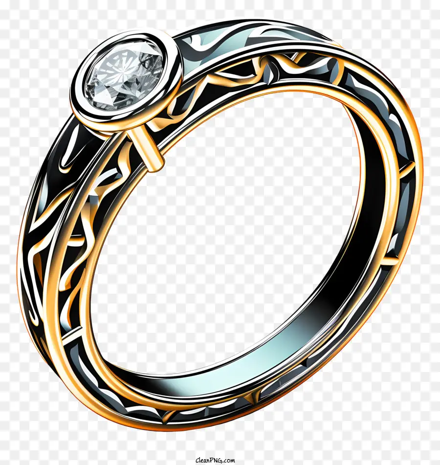 anello nuziale vintage anello di diamante intricato design in metallo a due strati - Intricato anello di diamanti con strati d'oro e argento