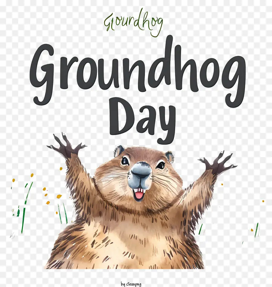 täglich grüßt das Murmeltier - Cartoon Groundhog mit erhöhten Händen und Lächeln