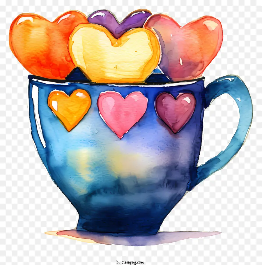 Kaffeebecher - Blaue Becher mit bunten Herzen auf der schwarzen Oberfläche