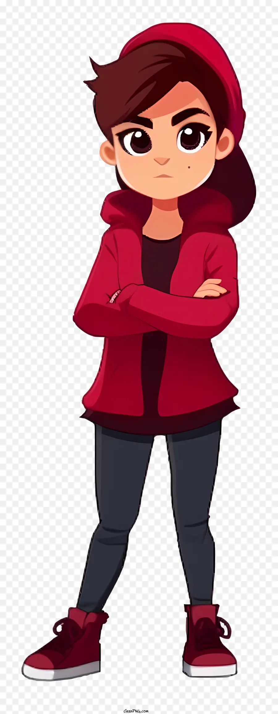 Phim hoạt hình mặc màu đỏ người trẻ áo khoác đỏ quần đen biểu cảm bình thường - Người trẻ mặc áo khoác đỏ và quần đen