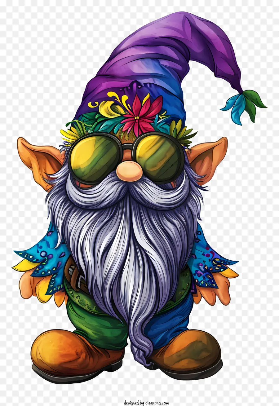 MARDI GRAS GNOME Cartoon Gnome Omperi da sole Cappello Colorful Shirt - Cartoon gnome con occhiali da sole, cappello e camicia colorata