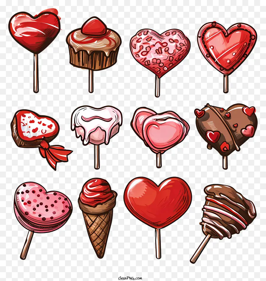 Sweets Valentine Dessert Chocolate Hearts Deliziosi cuori di cioccolato su un bastone - Illustrazione del cuore cioccolato bianco e nero disegnato a mano