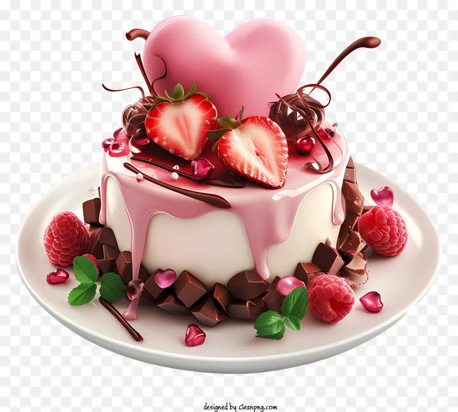 Süßigkeiten Valentinstag Dessert herzförmiger Kuchen rosa Zuckerguss Schokoladen-Schokolade Ganache - Köstlicher herzförmiger Kuchen mit Schokoladenganache und Erdbeeren gekrönt