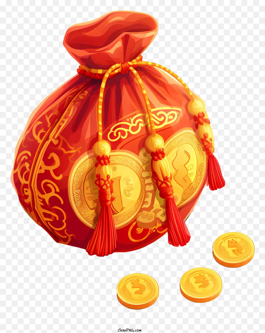 Glücksbeutel Chinesische Tasche im chinesischen Stil rot und goldener Tasche Quasten-Tass Chinesisches Symbol für viel Glück - Tasche im chinesischen Stil mit goldenen Münzen gefüllt