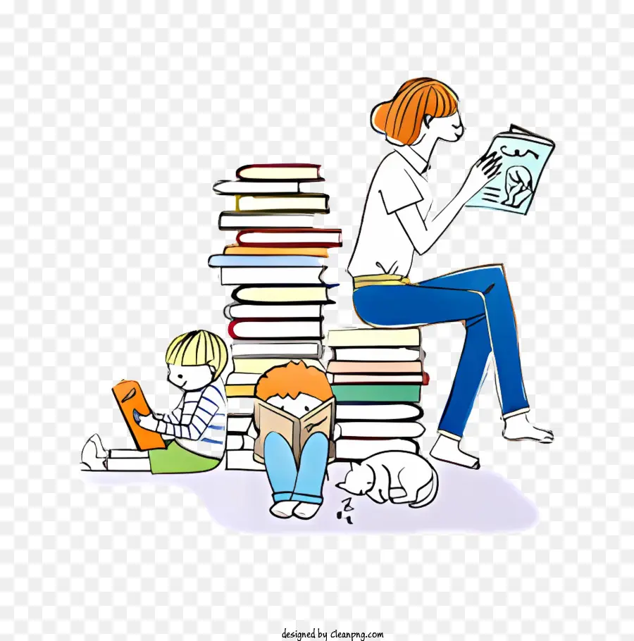 Biểu tượng người phụ nữ đọc sách mèo và sách Pile Black and White hình ảnh - Người phụ nữ với con mèo được bao quanh bởi sách, đọc sách