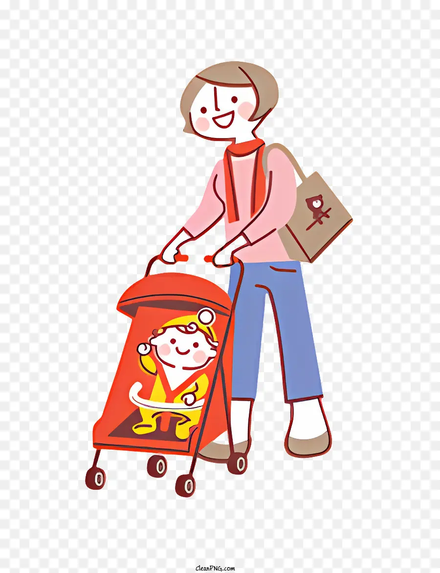 Icon Frau Pushing Kinderwagenbaby in Kinderwagen rote Kleiderbeutel mit Lebensmitteln - Frau im roten Kleid drücken Kinderwagen mit Baby