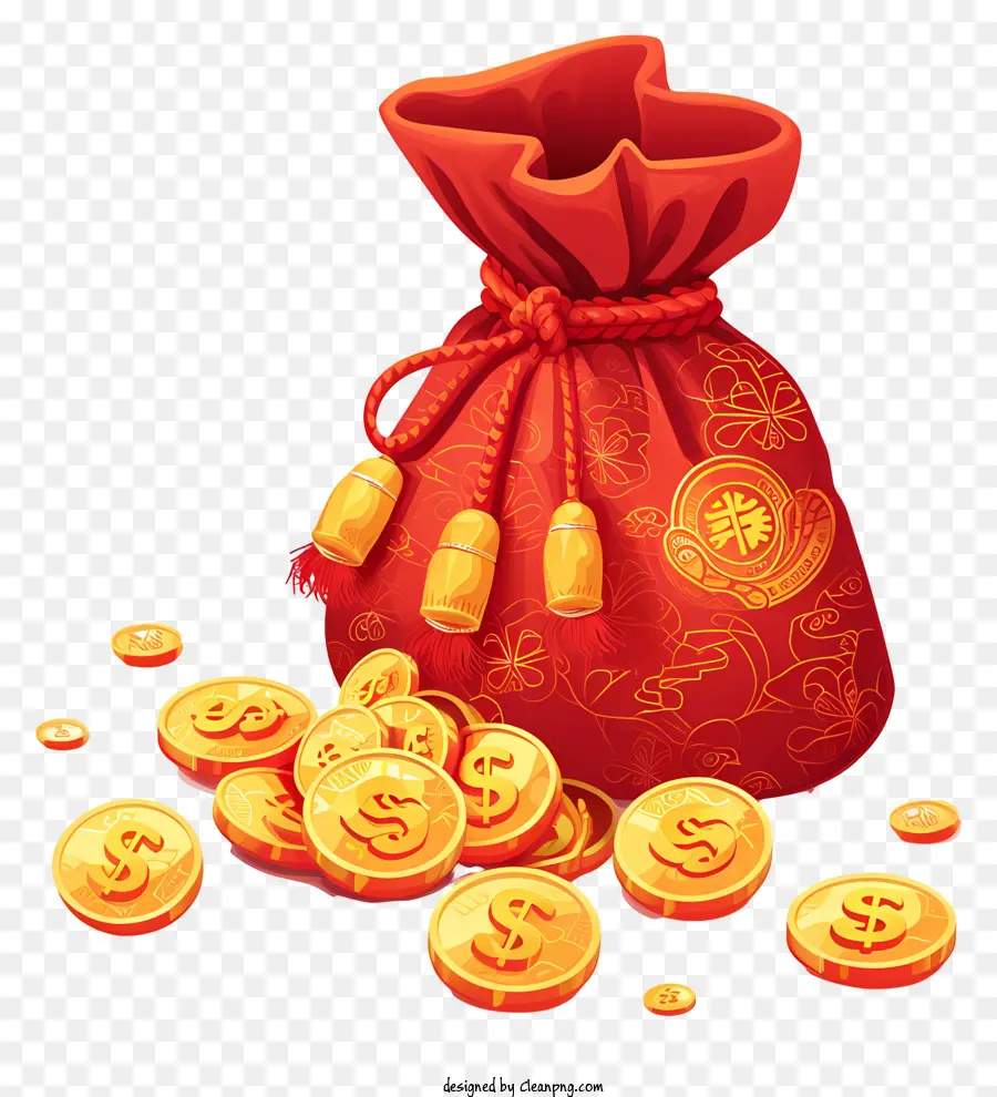 Geld Tasche - Bild: Roter Beutel verschüttet Goldmünzen und symbolisierte Reichtum