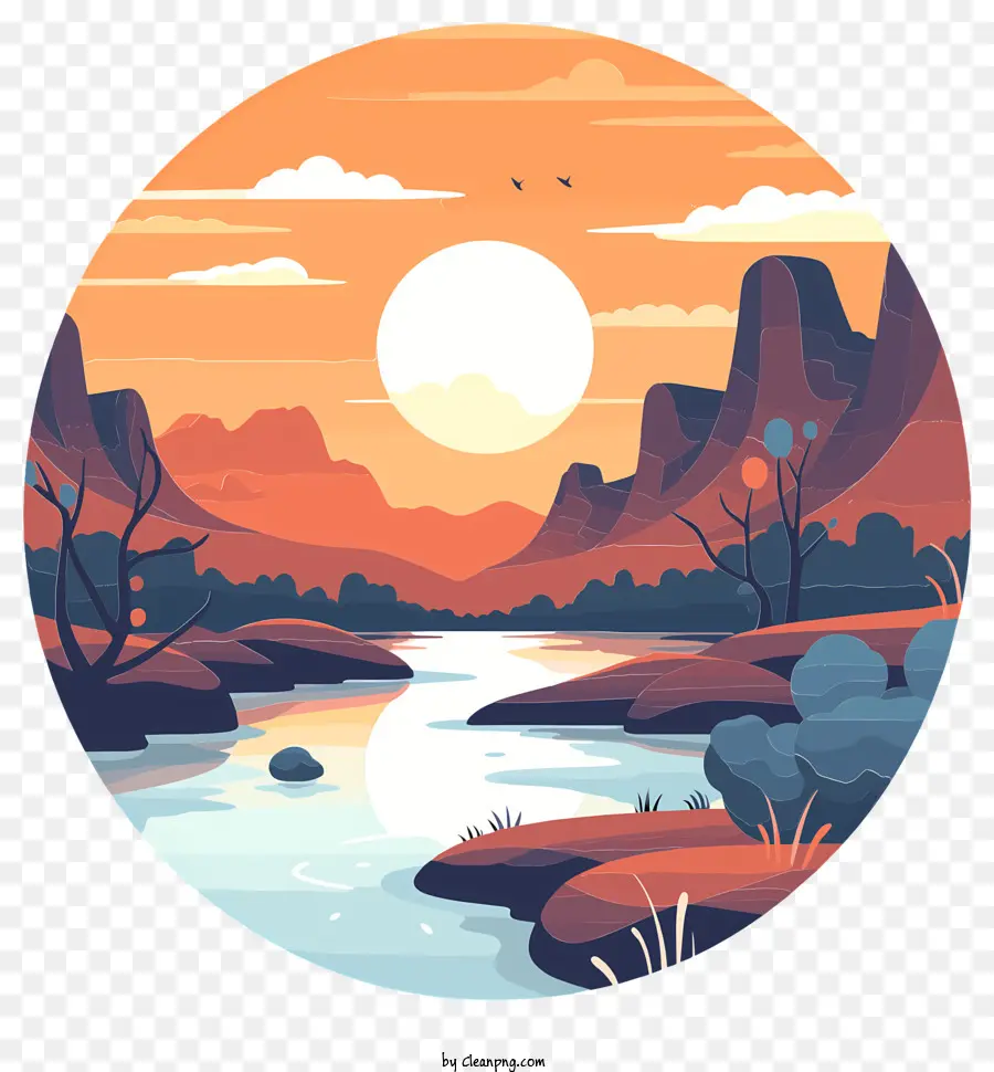 Icon Mountain paesapscape paesaggio paesaggi colline piene di alberi bellissimo cielo - Sereno paesaggio di montagna con fiume fluente e tramonto