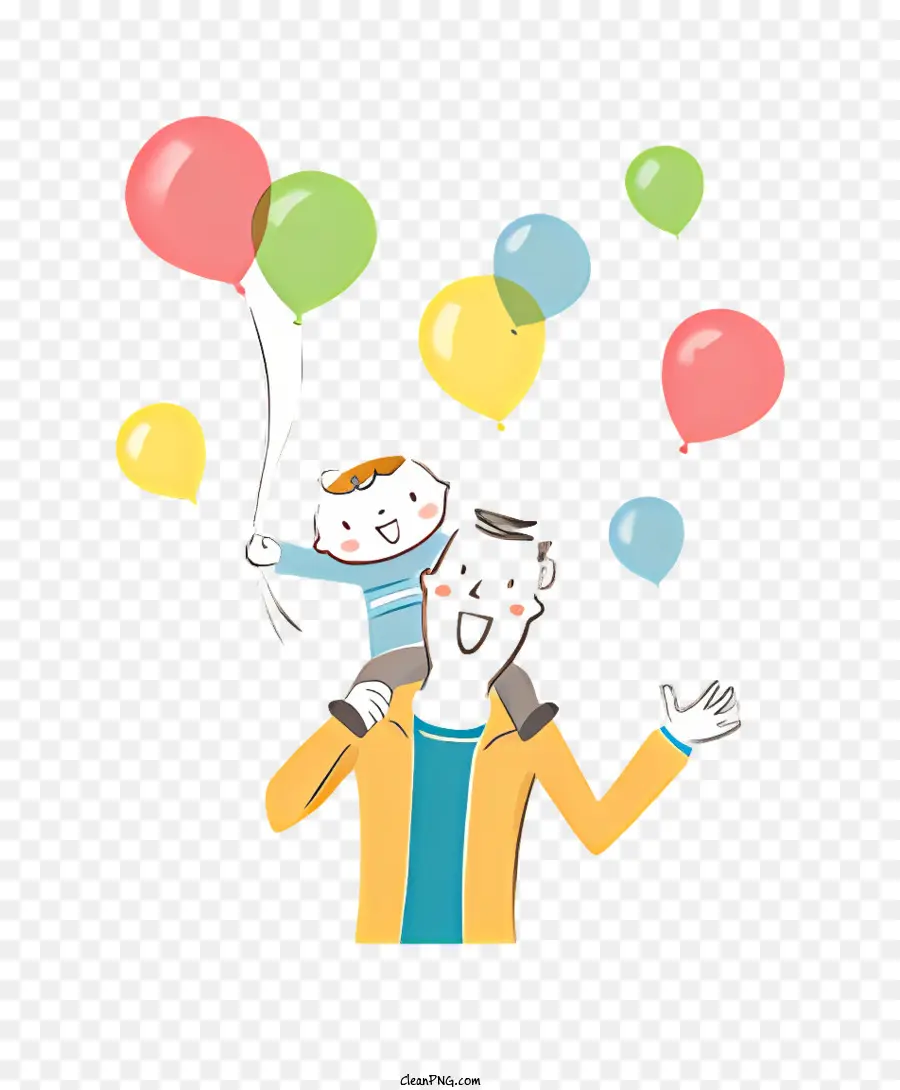 Icona Cartoon Man Child Balloons - Uomo felice che tiene il bambino con palloncini, scena allegra