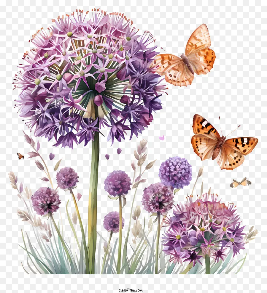 Allium Giganteum Bouquet Lila Zwiebeln Schmetterlinge Cluster - Blumenstrauß mit lila Zwiebeln mit fliegenden Schmetterlingen