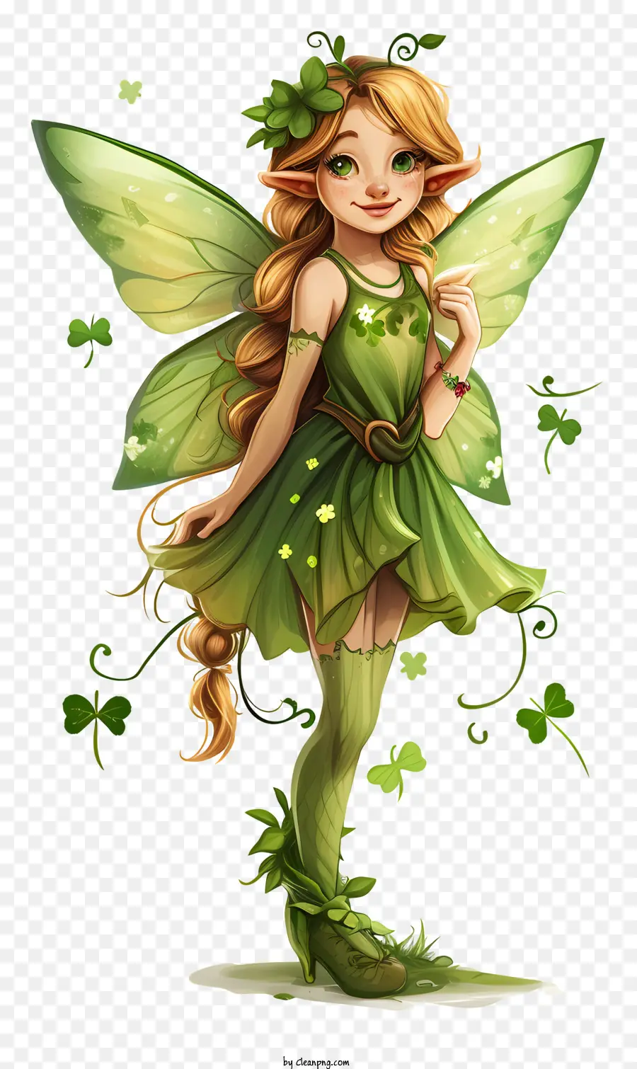 st. patrick ngày - Fairy màu xanh lá cây dễ thương cầm lá shamrock, mỉm cười