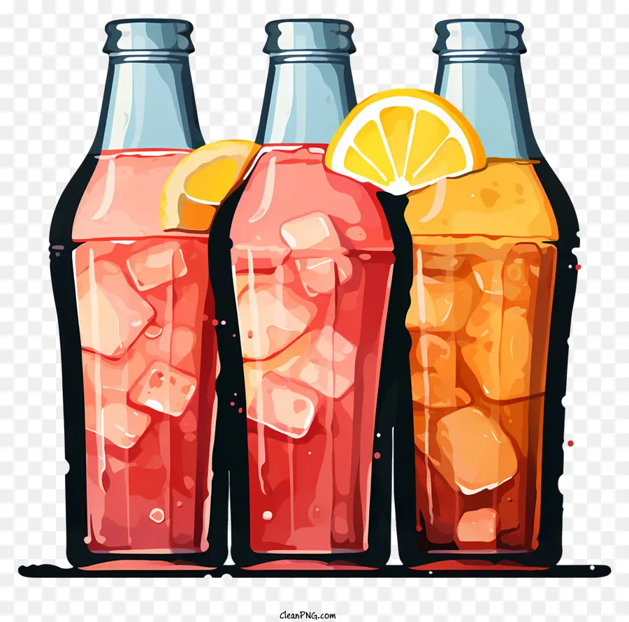 bottiglie di vetro a bibite per bevande analcoliche di fette di limone di soda immagine ad alta risoluzione - Immagine colorata ad alta risoluzione di tre bottiglie di vetro con fette di limone su uno sfondo nero
