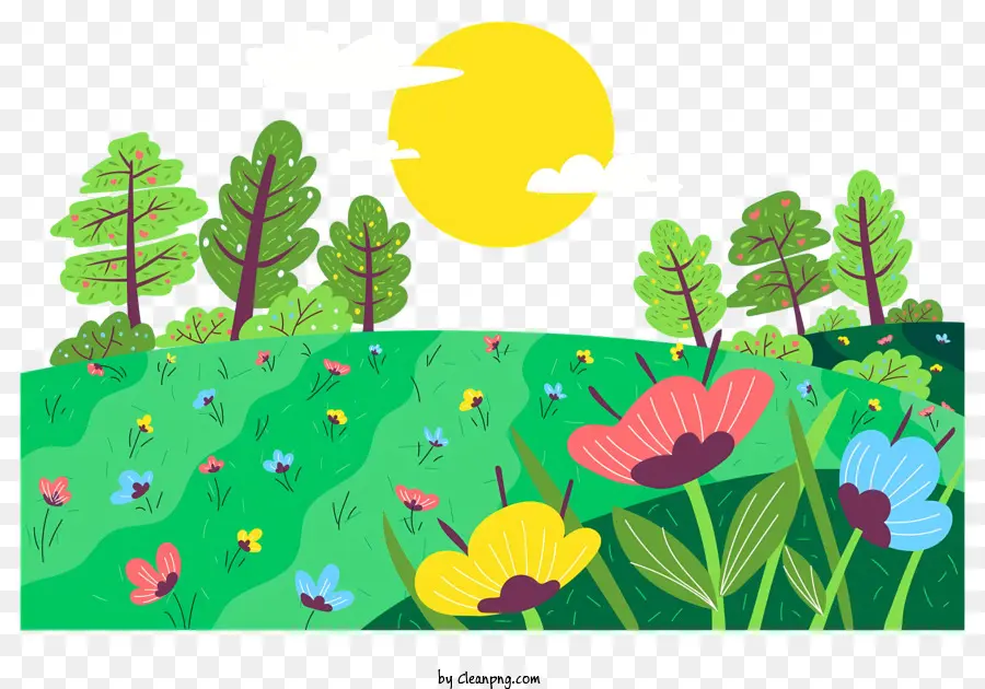 Campo di primavera Field of Flowers Alberi Sunlight Paesaggio - Campo vivido e soleggiato di fiori e alberi in fiore