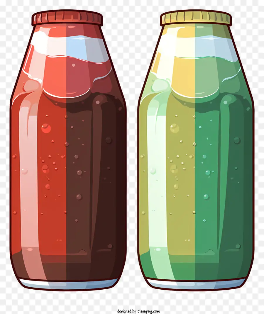 flat soft drink soda bottles red and yellow soda bubbles black background