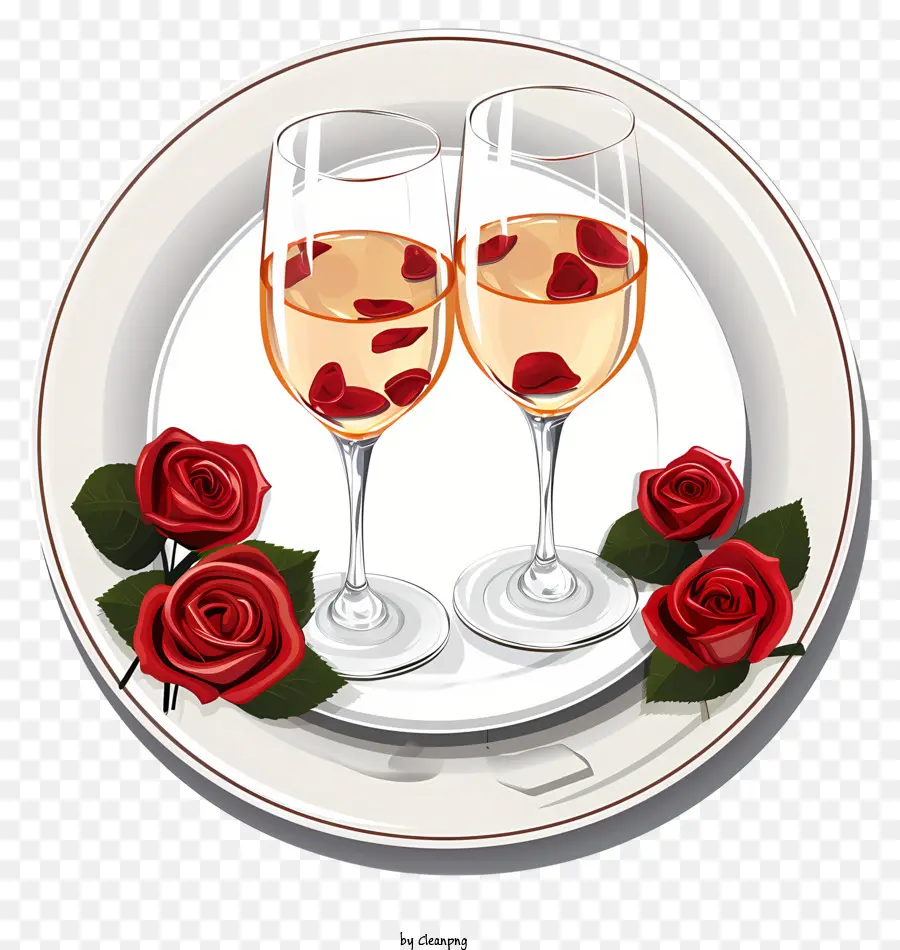 Cena romantica vino rosso piatto di vino - Piatto bianco con bicchieri di vino rosso, rose galleggianti, sfondo nero