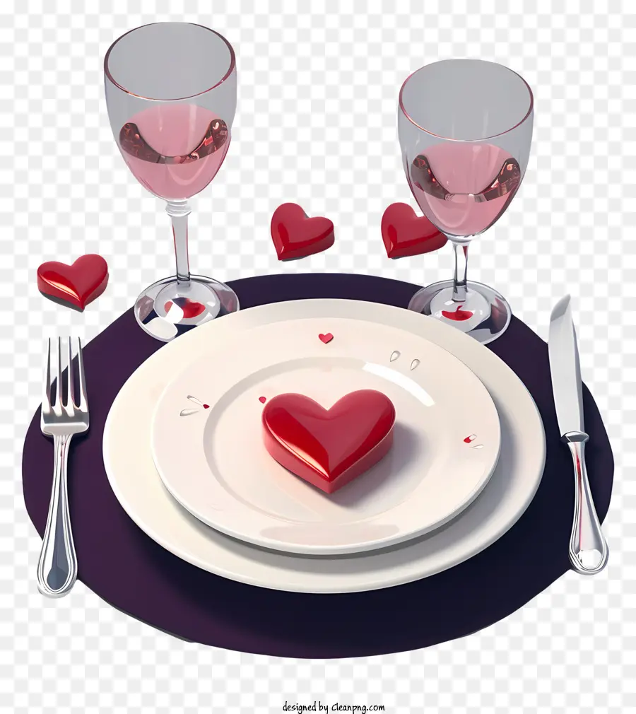 Bữa tối lãng mạn 3D thực tế đặt đĩa ăn tối trái tim đỏ và ly rượu vang - Bàn nhà hàng được đặt với tấm hình trái tim