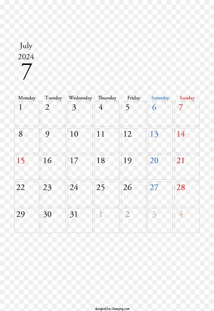 Luglio 2024 Calendario di luglio Mese del calendario di luglio Giorni di luglio - Il calendario di luglio che mostra giorni della settimana e numeri