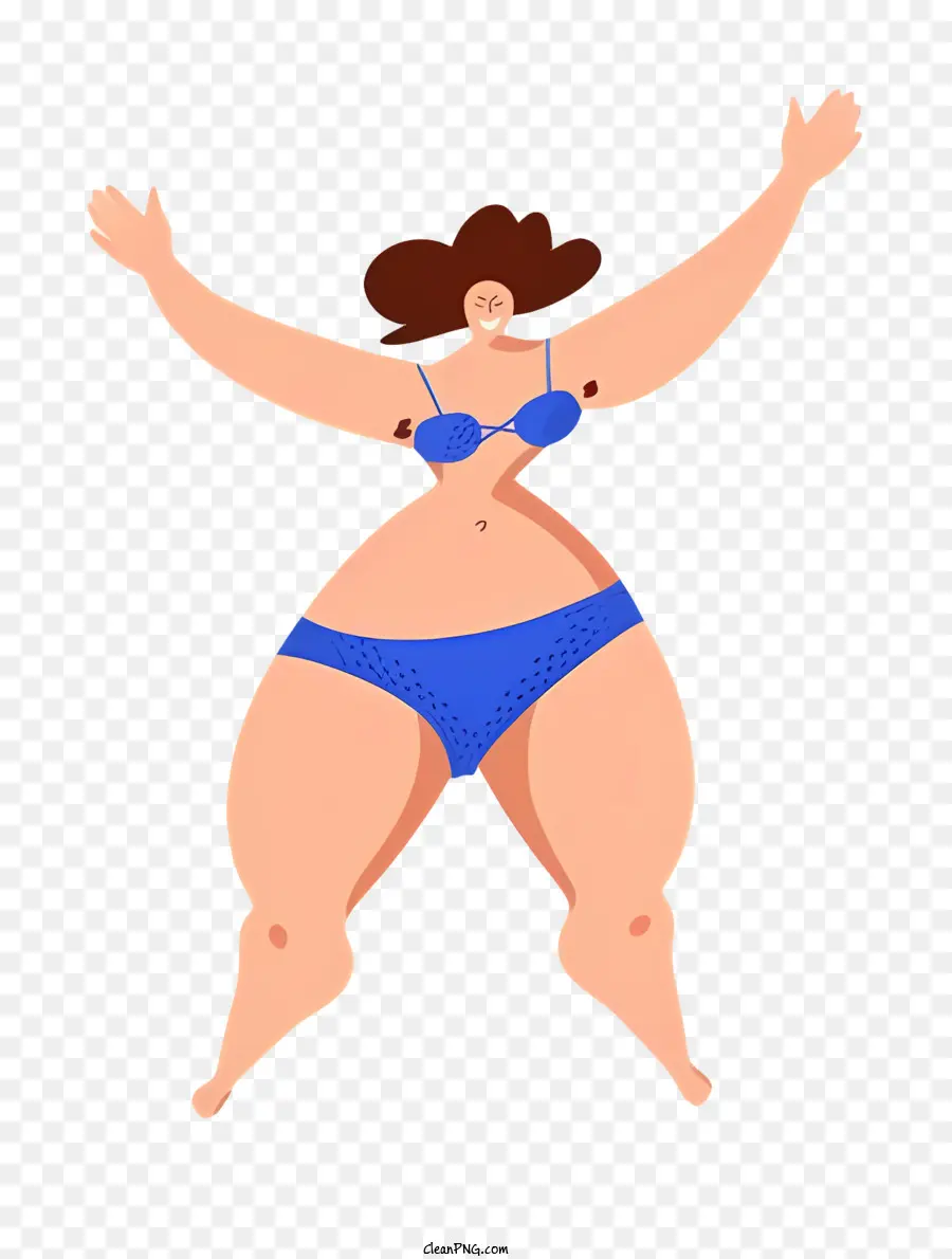 fette Körper Cartoon Frau Blau Bikini lächelnd Frau Blauer Hut - Cartoonfrau im blauen Bikini, freudig und entspannt