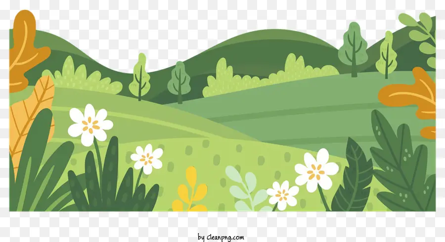 Federfeld Cartoon Illustration Landschaft Hügel Wälder - Cartoonlandschaft mit Hügeln, Wäldern, Wiesen, Blumen