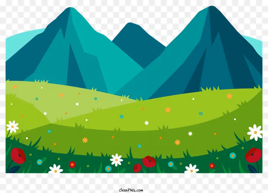 Primavera Campy Mountain Landscape Green Meadow Mountain Runte - Paesaggio di montagna con prato, fiori e nuvola
