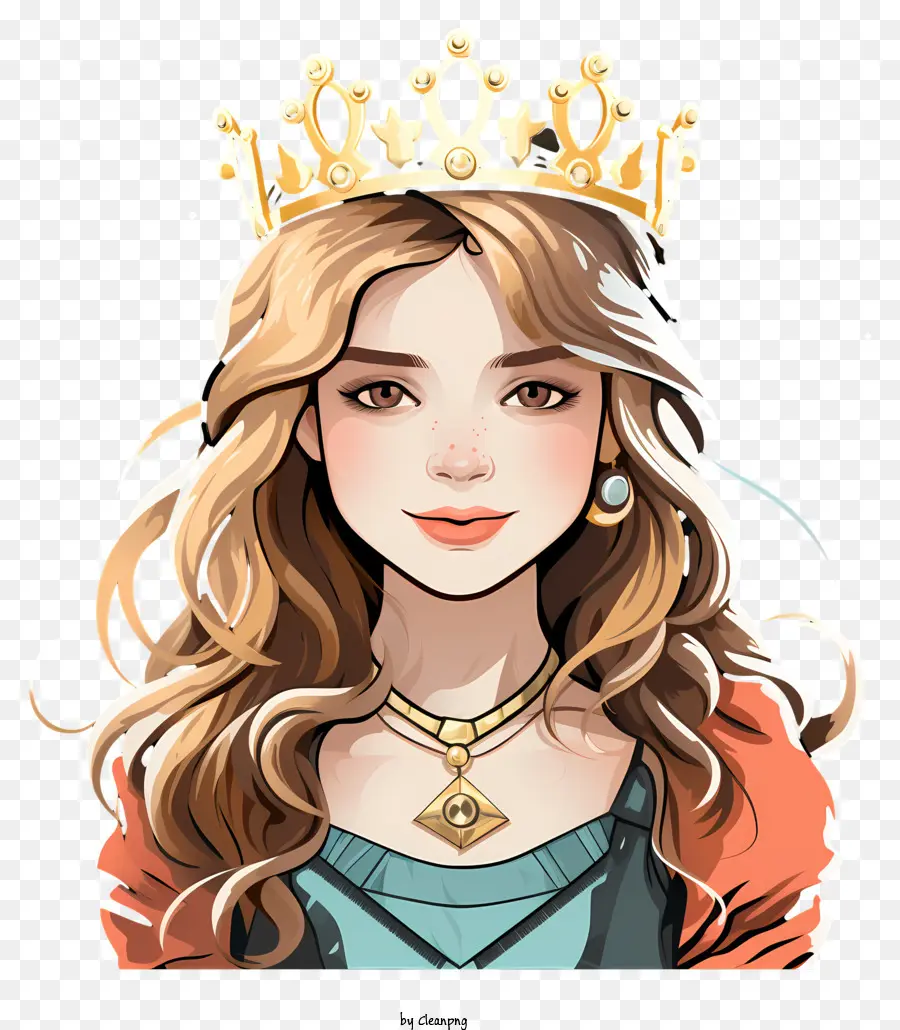 Krone - Cartoonfrau mit Krone, Halskette und Lächeln