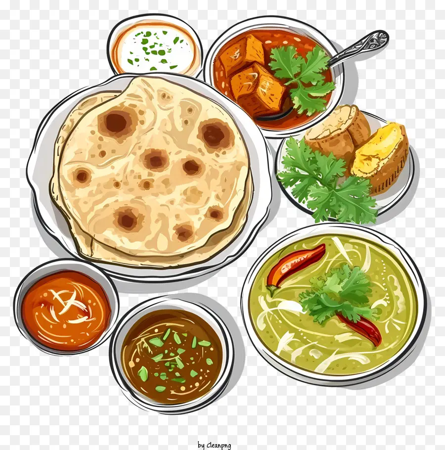 La cucina dell'India illustra la diversità alimentare delle salse di spezie di chapatis - Vari cibi e bevande indiane su sfondo nero