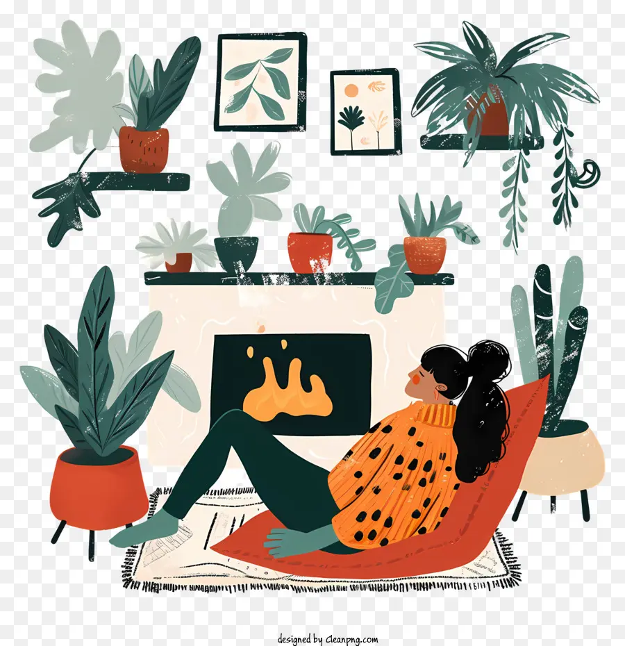 tavolino - Donna che legge il libro circondato da piante in soggiorno scarsamente illuminato