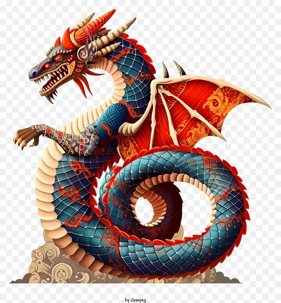 Dragon Icon Mythical Dragon Bunte Drache komplizierter Drachenrot und blauer Drache - Farbenfroher mythischer Drache mit komplizierten Markierungen, mechanisches Aussehen