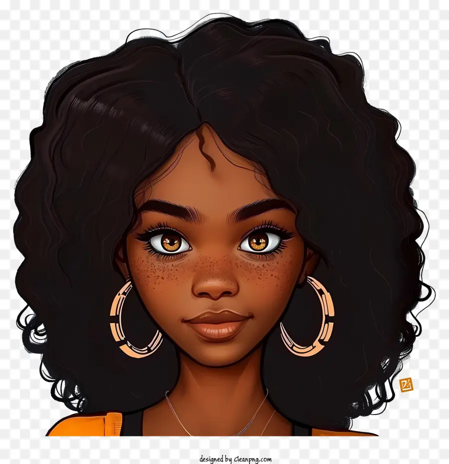 realistisches schwarzes Mädchen natürliches Haar braunes Haar Frisur schwarzes Hemd - Junge Frau mit natürlichen braunen Haaren, Lächeln