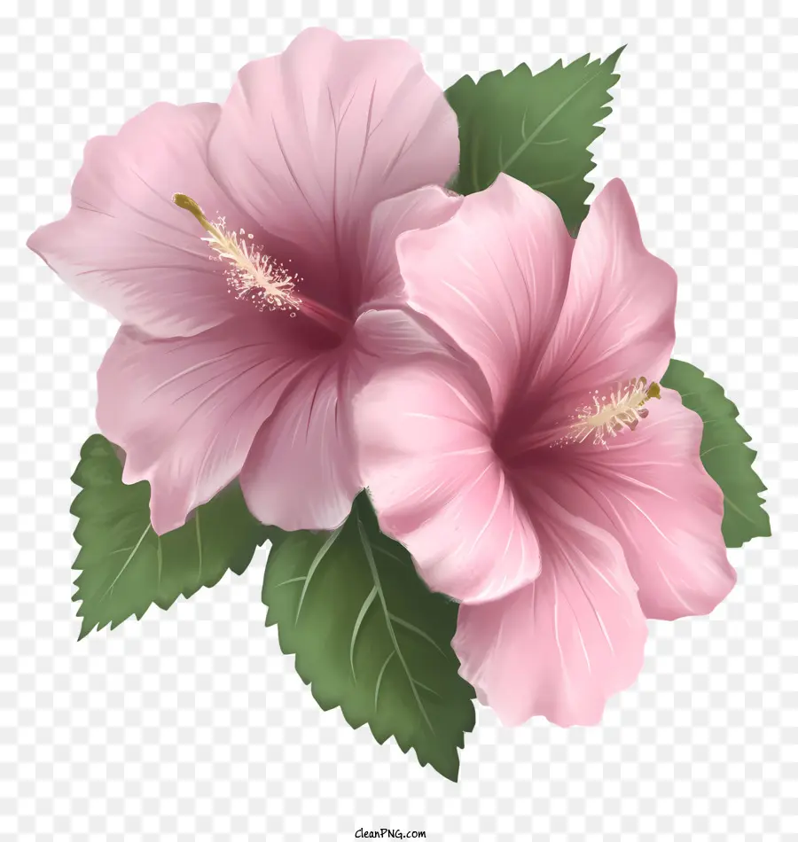 realistic rose of sharon pink hibiscus flowers green leaves symmetrical flowers five-petal flowers