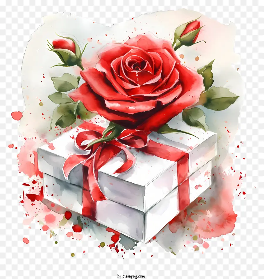 florales Design - Realistisches Gemälde von Rose mit Bogen und Geschenkbox