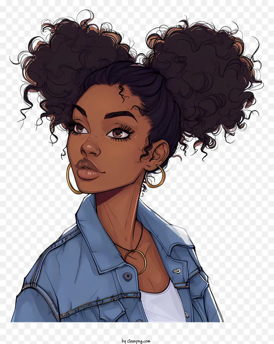black history month cartoon illustration young woman curly black hair denim jacket