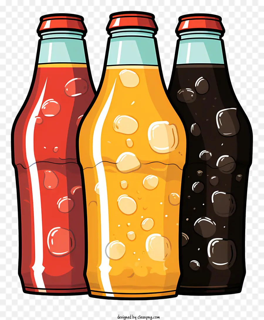 handgezogene Erfrischungsgetränk Sodaflaschen farbig Plastik - Farbige Soda -Flaschen mit kohlensäurehaltigem Schaum auf Schwarz