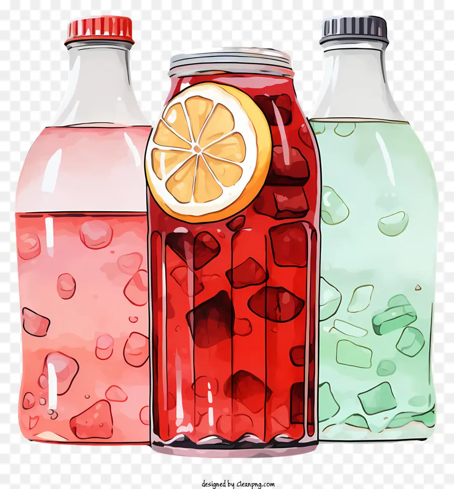 đồ uống nước ngọt có màu nước chai nước hoa chanh - Ba đồ uống đầy màu sắc trong chai thủy tinh có chanh
