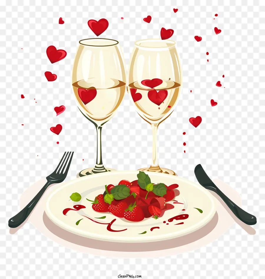 Cena romantica Vino Red Flette di fragole Atmosfera romantica. - Scena romantica con vino, fragole e cuori