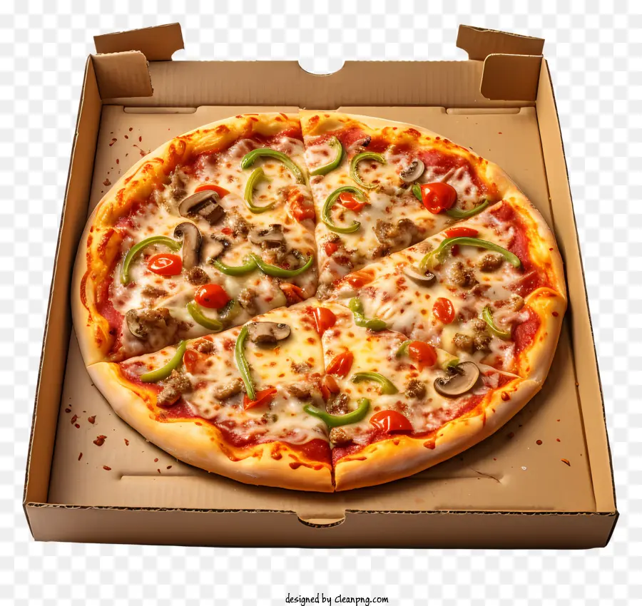 scatola di cartone - Pizza piena di condimenti su scatola di cartone aperta