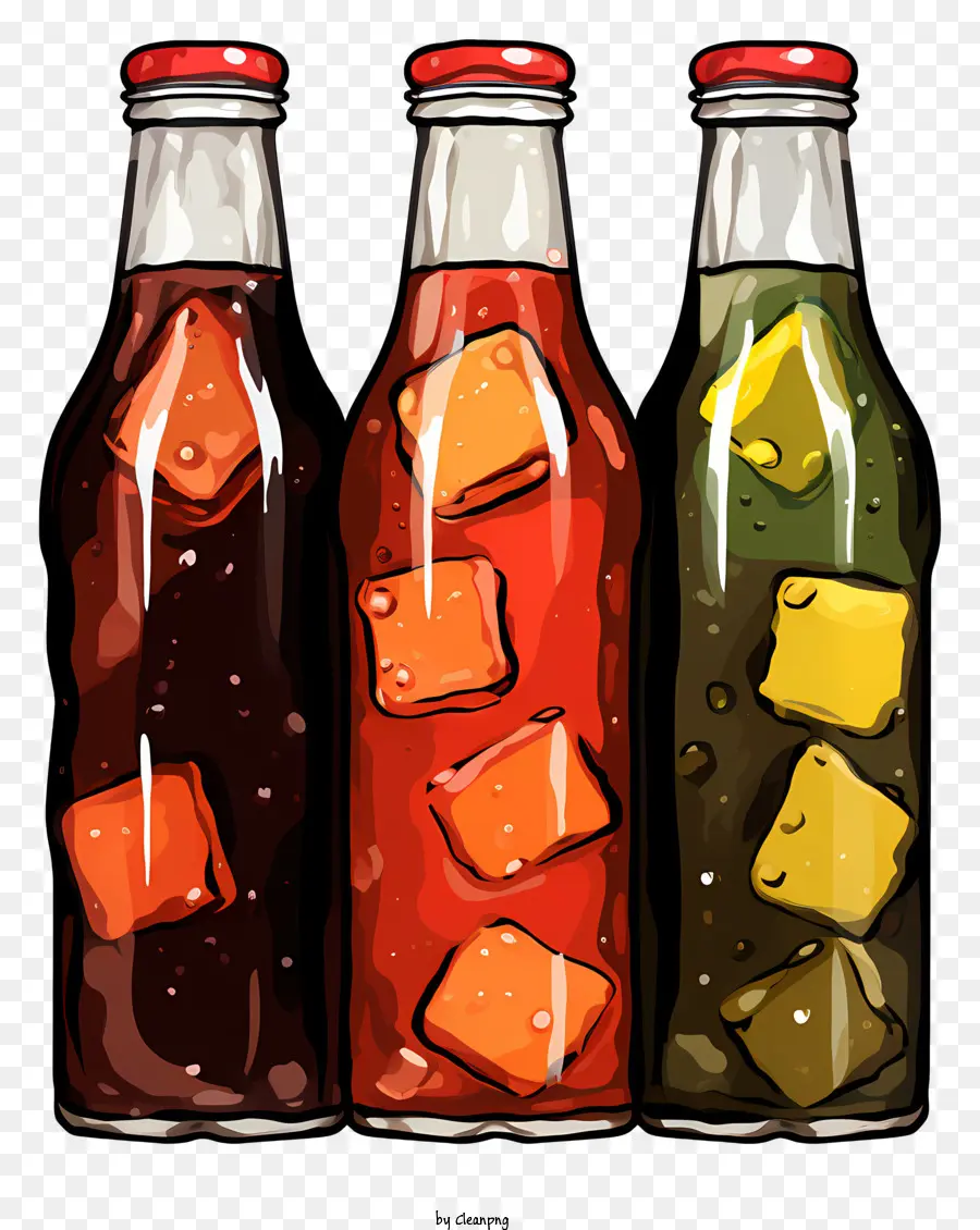 Realistische Erfrischungsgetränkglasflaschen rotes Loda -Grün Soda - Vektorbild von drei farbigen Soda -Flaschen