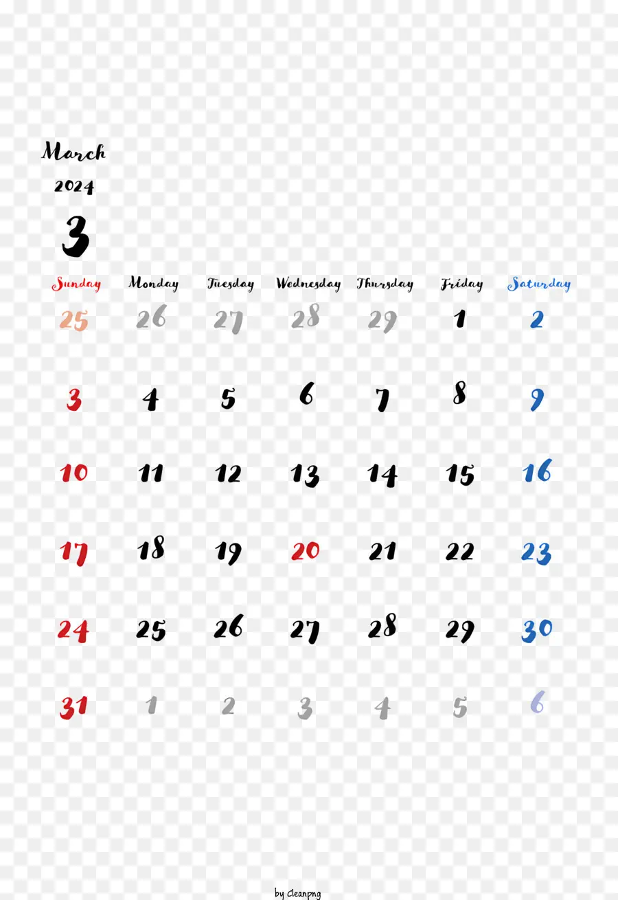 sfondo bianco - Calendario rosso e blu con i giorni di marzo elencati