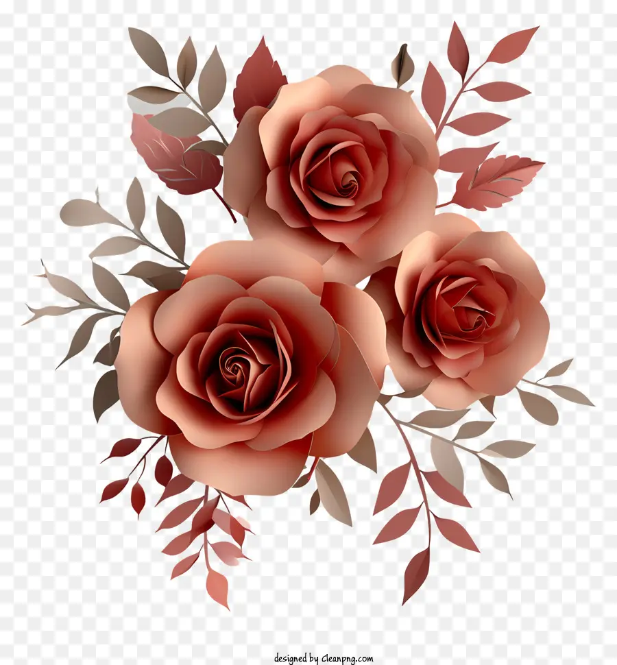 hoa thiết kế - Hoa hồng hồng thực tế với lá nâu trên màu đen