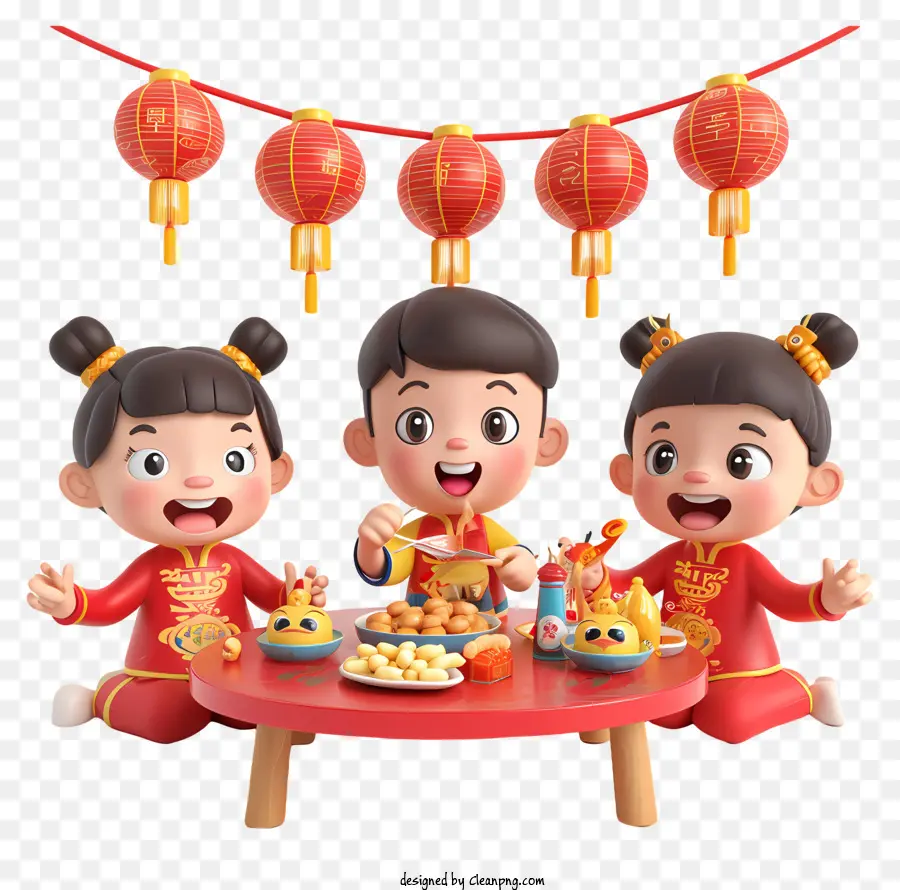 Tết nguyên đán - Ba đứa trẻ hạnh phúc trong bữa ăn quần áo Trung Quốc