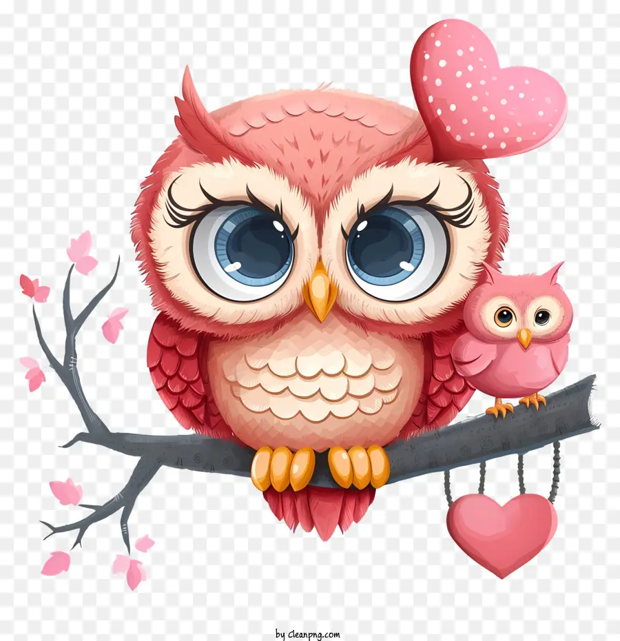 Vector Draw Charakter Design Valentinstag Owl rosa Eule Süßes Eulenherzformblatt - Rosa Eule mit Herzblatt auf Ast sitzt