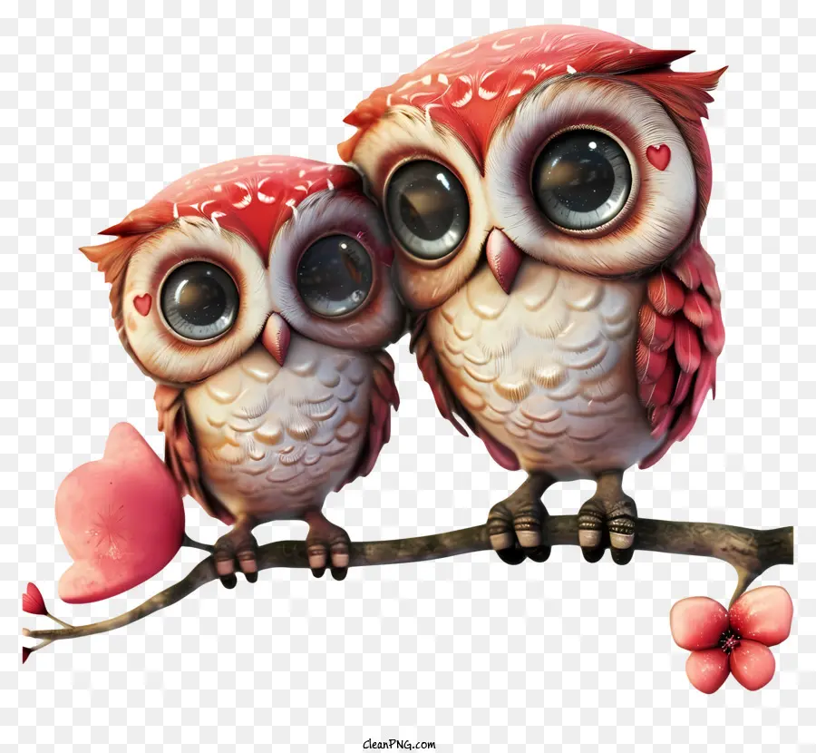 PSD 3D Romantico Valentine Owls Branch Branch appollaiati grandi occhi - Due gufi con cappelli a forma di cuore sul ramo