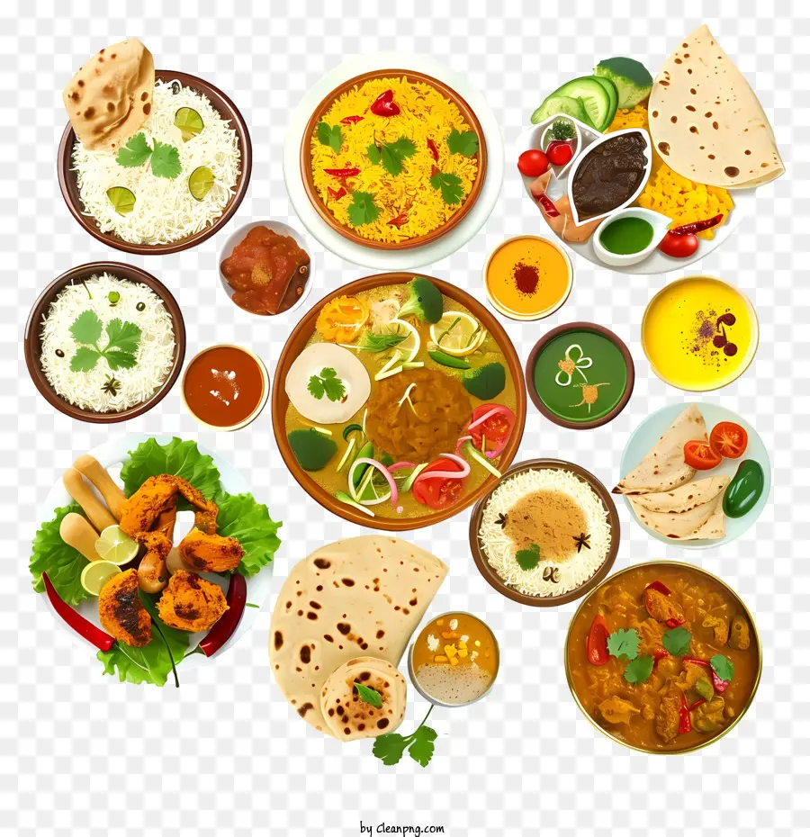 india, cucina - Piatti indiani assortiti con pane, dolci e verdure