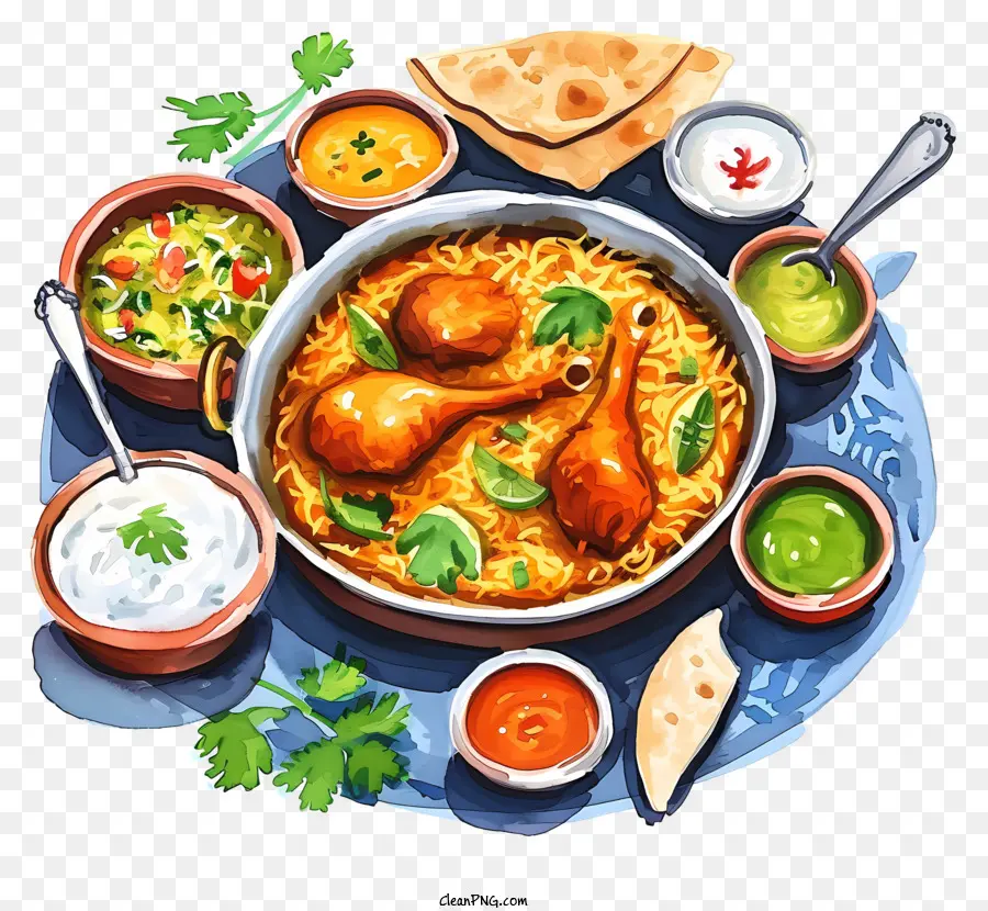 Màu nước Ấn Độ ẩm thực gà và bát cơm gà - Bát gà, gạo, nước sốt, rau, tương ớt
